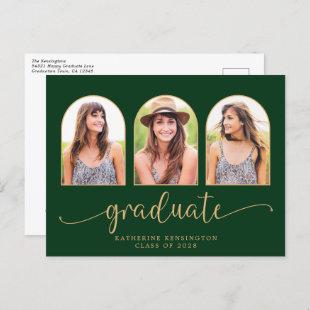 Forest Green Gold Arch 3 Photo Graduation Announcement Postcard