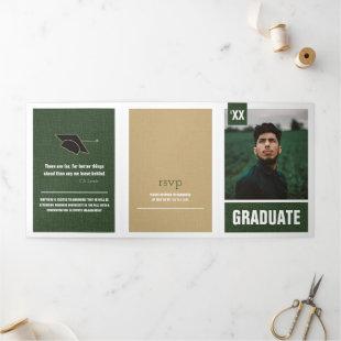 Forest Green Modern Textured Photo Graduation Tri-Fold Invitation
