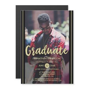 Formal Black & Gold Stripes & Script Grad Photo Magnetic Invitation