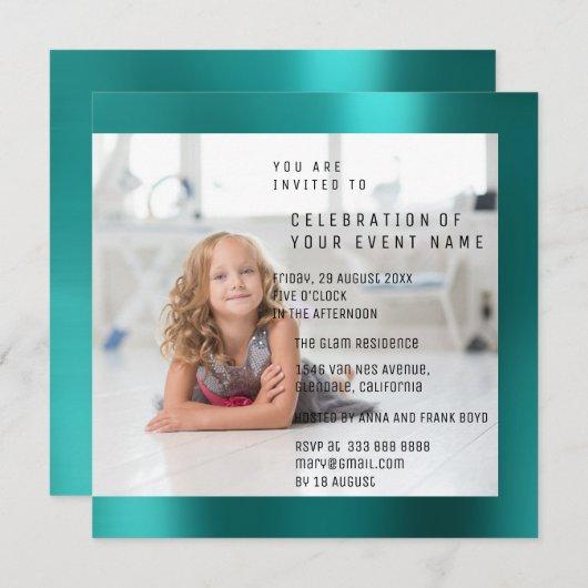 Foto Birthday Party Mother Pearl Teal Metallic Invitation