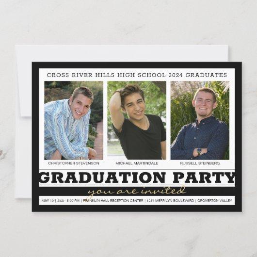 Friends Siblings Graduation Party Black 3 Photo Invitation