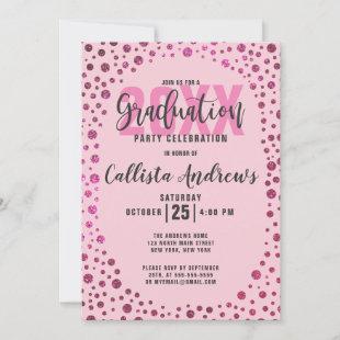 Fuchsia Pink  Glitter Confetti Border Graduation Invitation
