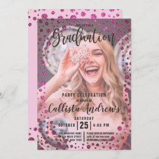 Fuchsia Pink  Glitter Confetti Photo Graduation Invitation
