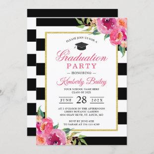 Fuchsia Purple Red Floral Stripes Graduation Party Invitation