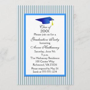 Fun Blue And White Stripe Graduation Party Invitation