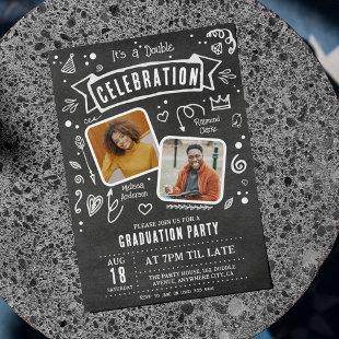 Fun Chalkboard Doodle Double Graduation Party Invitation