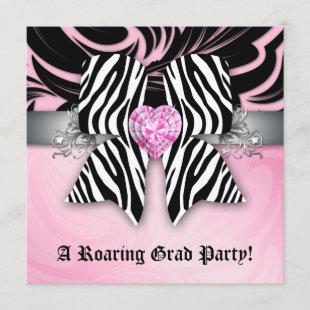 Fun Graduation Party Invite Zebra Bow Pink Silver