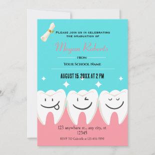 Fun pink and blue Tooth Dental Graduation Invitation