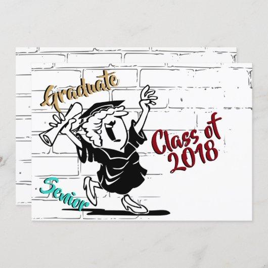 Funny Cartoon Female Senior 🎓 Graduate (Add Year) Invitation