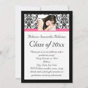 Fushcia Damask Pink and Black Graduation Invitation