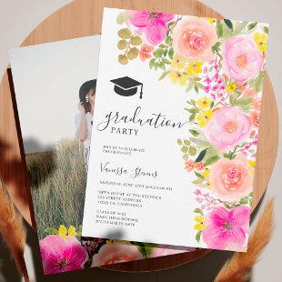 Garden bohemian watercolor flowers graduation invitation
