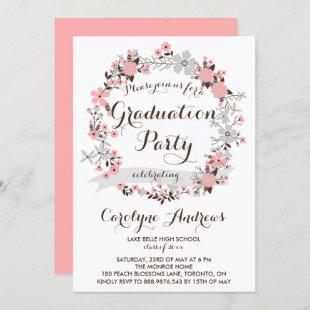 Garden Wreath | Pink and Gray Floral Graduation Invitation