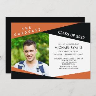 Geometric Black Orange Photo Graduation Invitation