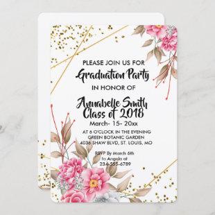 Geometric Gold Frame Pink Floral  Graduation Invitation