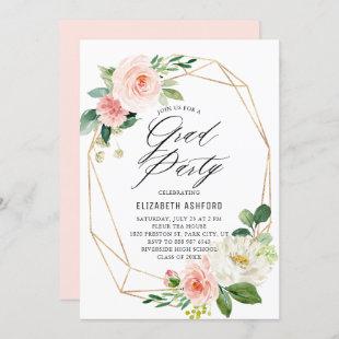 Geometric Gold Frame Pink Floral Graduation Party Invitation
