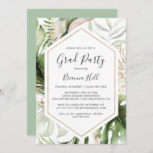 Geometric Gold Tropical Greenery Grad Party Invitation