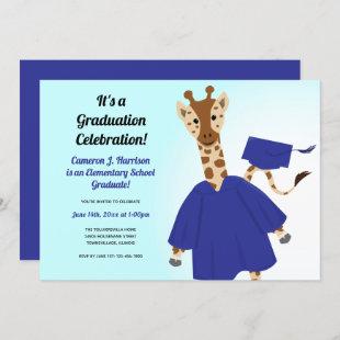 Giraffe Animal Blue Cap Gown Kid Graduation Invitation