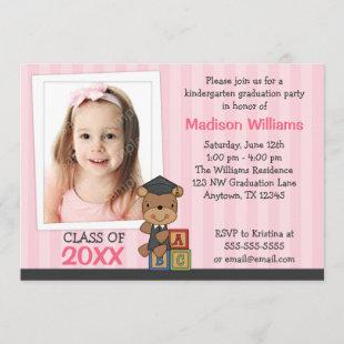 Girl Photo Graduation Bear Pink Stripes Invitation