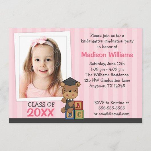 Girl Photo Graduation Bear Pink Stripes Invitation
