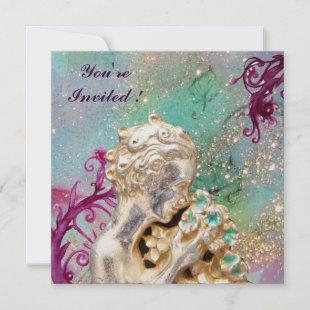 GIRL WITH FLOWERS IN GOLD SPARKLES ,Blue Sapphire Invitation