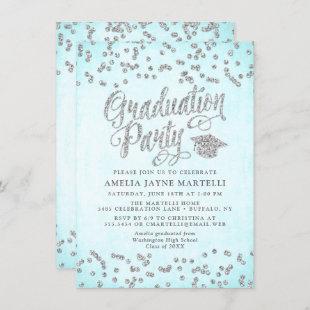 Girly Aqua Blue Silver Glitter Graduation Party Invitation