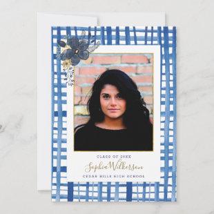 Girly Blue Watercolor Plaid and Flower Graduation  Announcement
