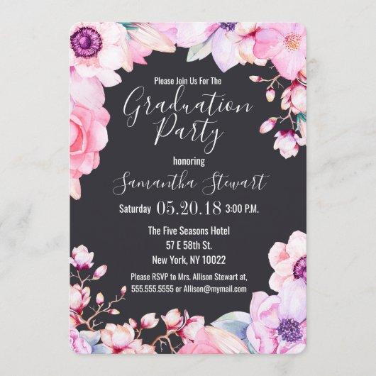 Girly Blush Pink Flowers Black Graduation Party Invitation