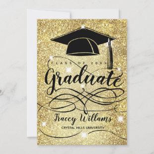 Girly Graduation Faux Gold Glitter Black Grad Cap Announcement
