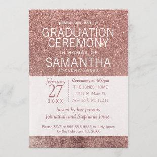 Girly Modern Rose Gold Glitter Foil Graduation Invitation