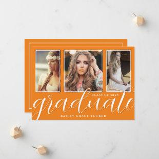 Girly Orange Graduate Script 3-Photo Graduation Announcement