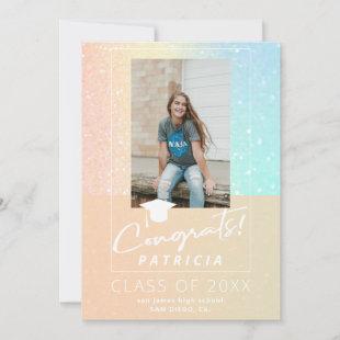 Girly pastel ombre glitter modern photo graduation announcement