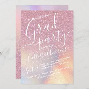 Girly Pink Faux Iridescent Glitter Graduation Invitation