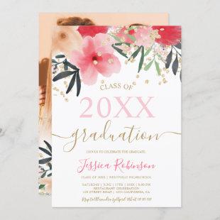 Girly pink floral gold glitter photo graduation invitation