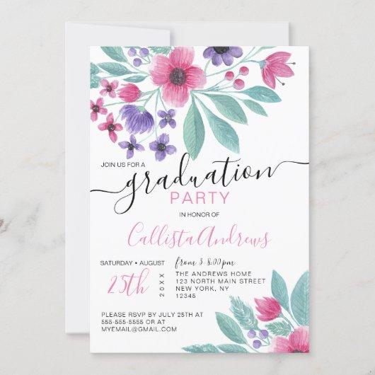 Girly Pink Purple Watercolor Floral Graduation Invitation