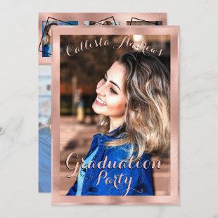 Girly Rose Gold Border Photo Collage Graduation Invitation