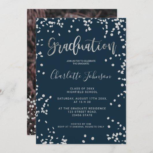 Girly silver foil confetti navy blue graduation invitation