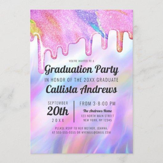 Girly Unicorn Holographic Glitter Drips Graduation Invitation
