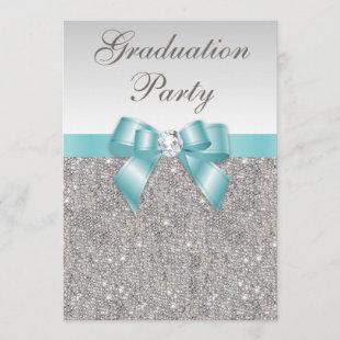 Glam Silver Jewels Teal Bow Girls Graduation Party Invitation