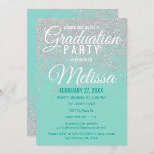 Glam White Glitter Sparkles Teal Graduation Party Invitation
