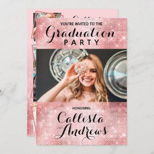 Glamorous Pink Glitter Sequins Photo Graduation Invitation