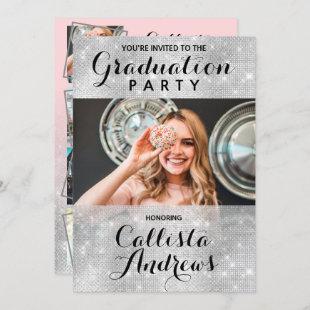 Glamorous Silver Glitter Sequins Photo Graduation Invitation