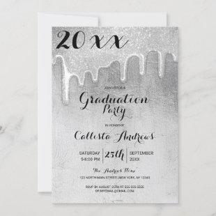 Glamorous Silver Thick Glitter Drips Graduation Invitation