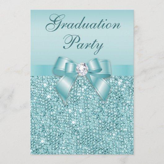 Glamorous Teal Jewels Bow Girls Graduation Party Invitation