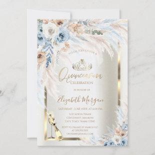 Glass Bottle Blue Roses Pampas Grass Quinceanera Invitation
