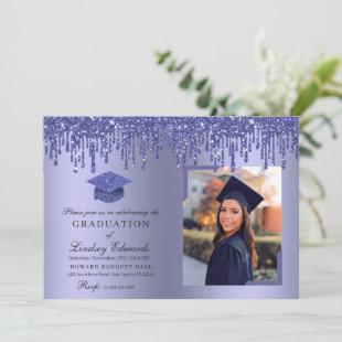 Glitter Drip Blue Graduation Photo Invitation