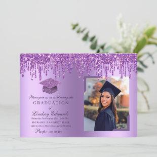 Glitter Drip Purple Graduation Photo Invitation