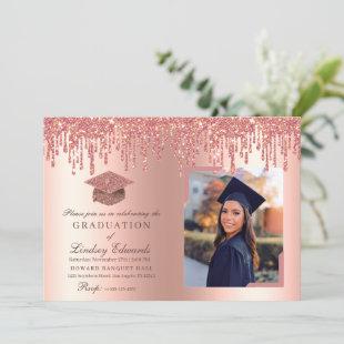 Glitter Drip Rose Gold Graduation Photo Invitation
