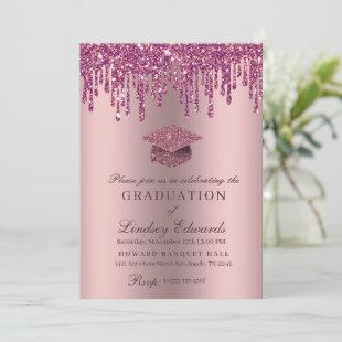 Glitter Drip Rose Pink Graduation Invitation
