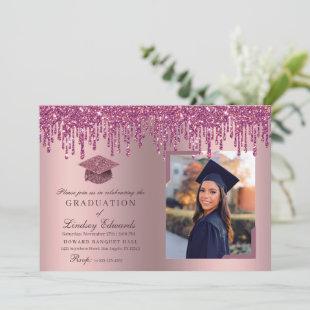 Glitter Drip Rose Pink Graduation Photo Invitation