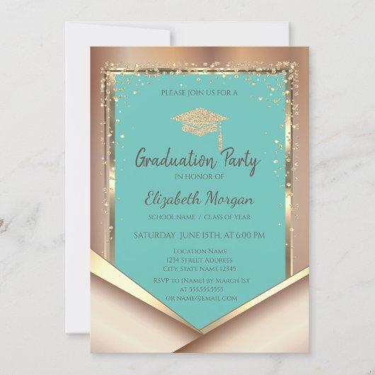 Glitter Gold Diamonds Mint Green Graduation  Invitation